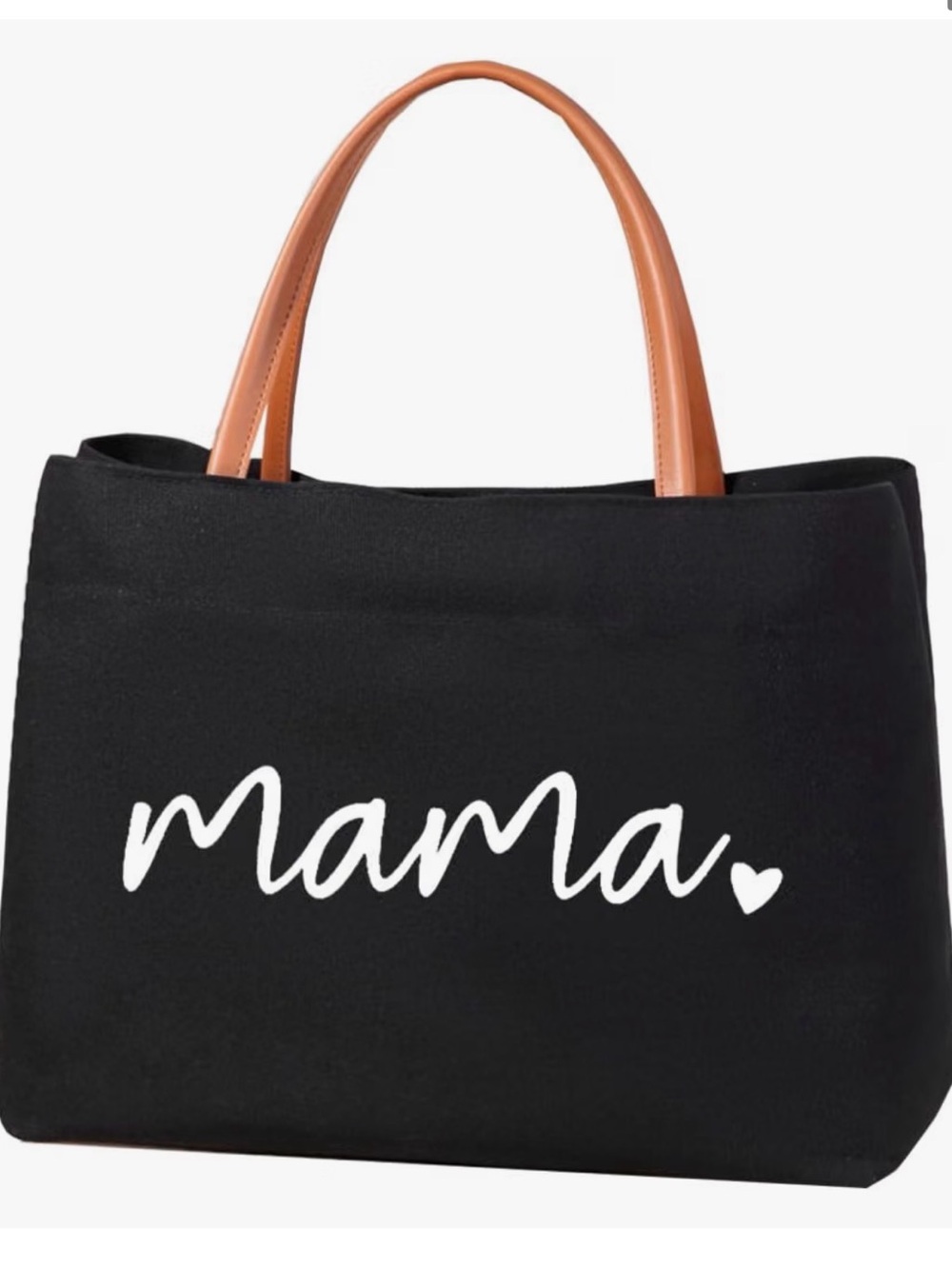 Mama Script Canvas Tote Bag with Tan Handles